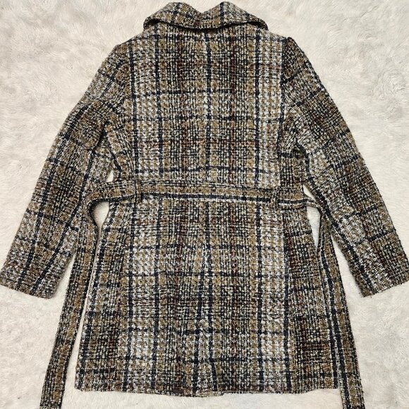 DKNY Women's Brown Tweed Plaid Wool Blend Belted Coat Size 10 - Picture 3 of 12
